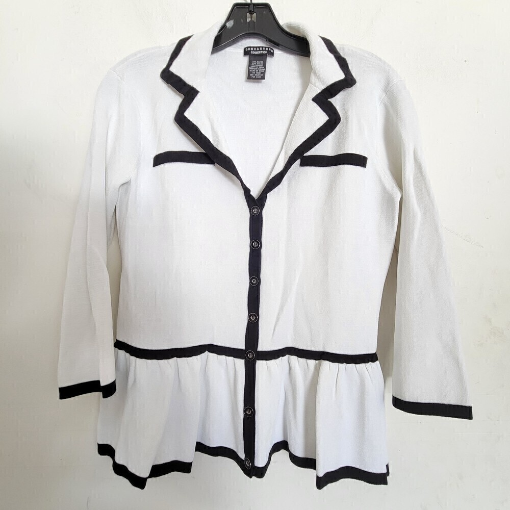 Doncaster Collection White and Black Button Front Peplum Knit Blouse Top Small